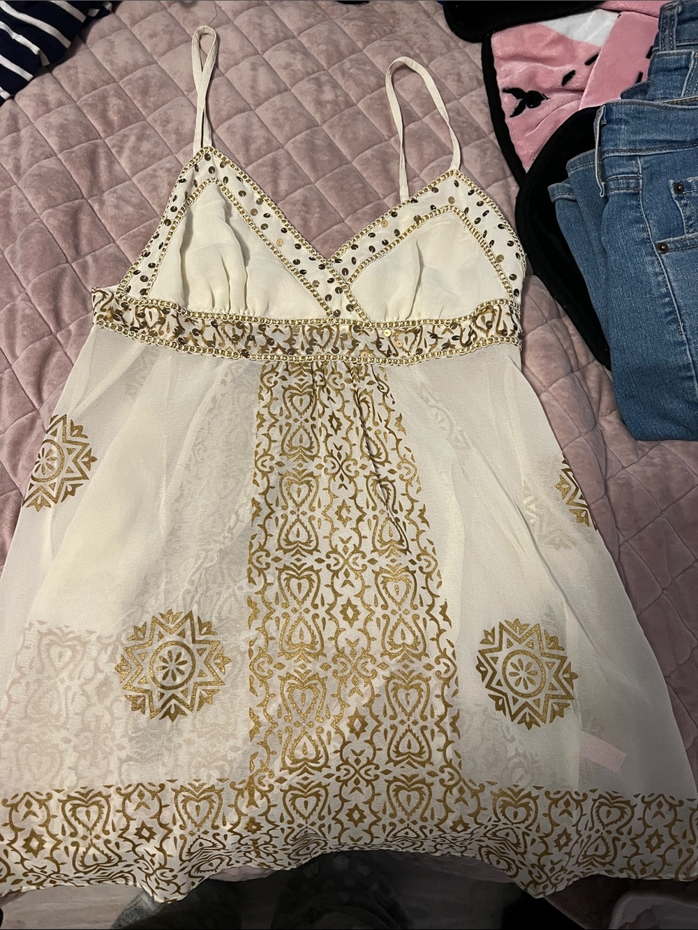 bebe Cream Dress with Gold Embroidery
